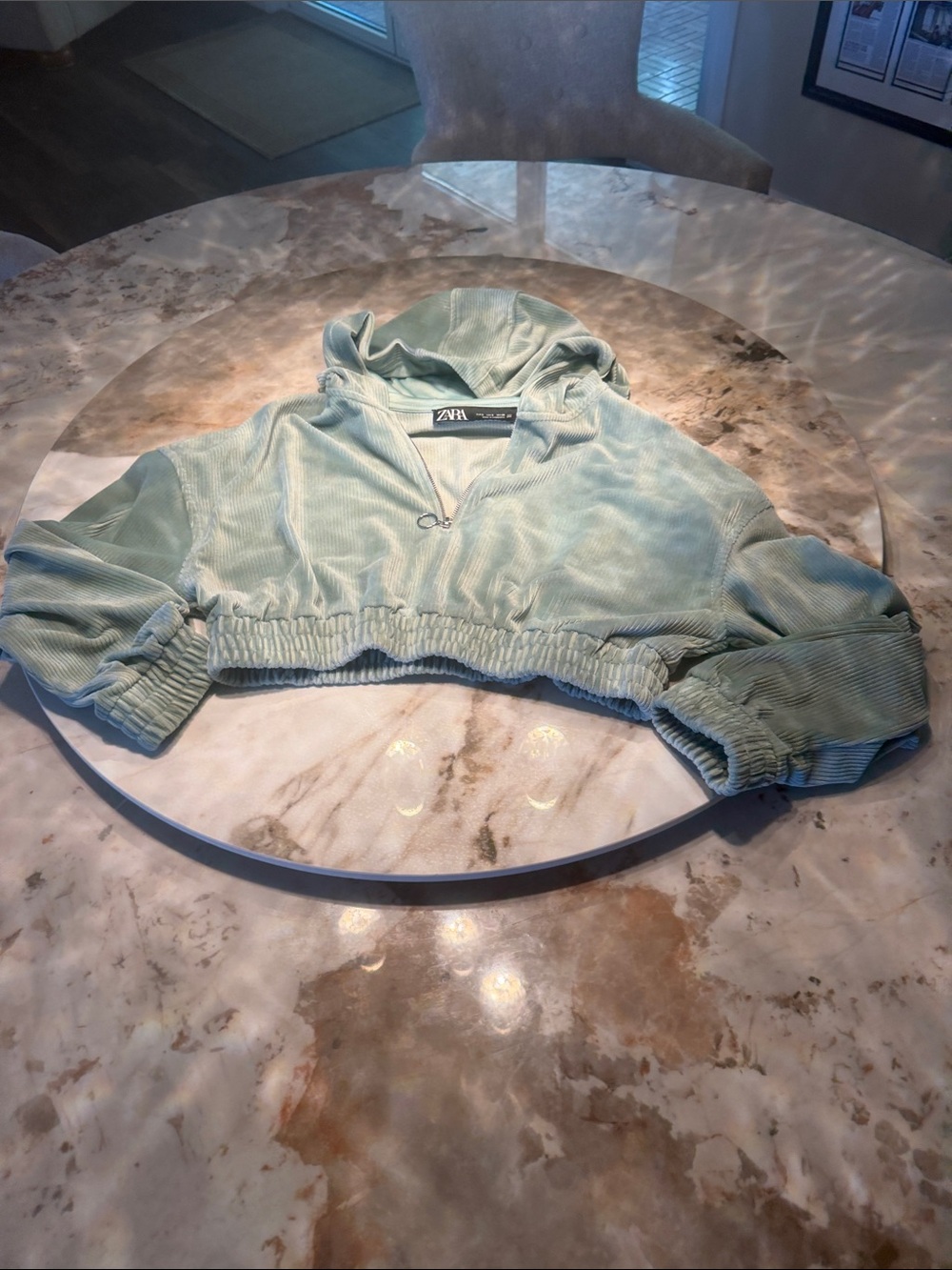 ZARA Mint Green Cropped Corduroy Hoodie
